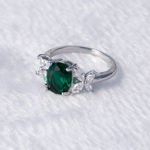 🎀 Dainty Oval Green Zircon Emerald Elegant Silver Rings for Women, EVGG1252